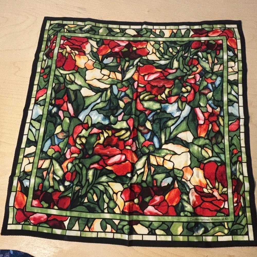 Metropolitan Museum of Art Tiffany Style Silk Scarf Green Stained Glass Floral